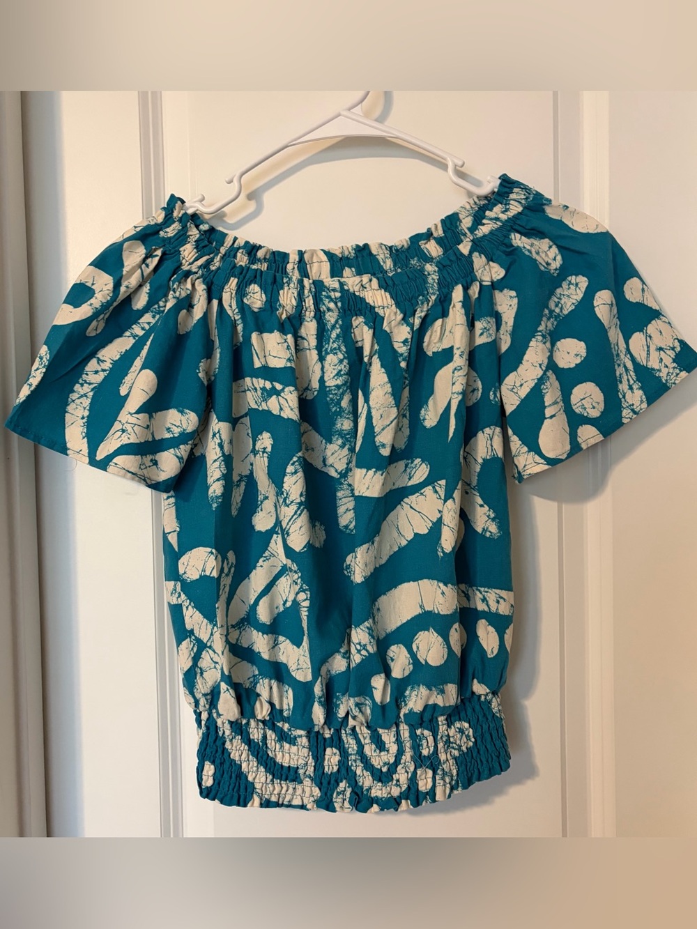 Haute Hippie Teal and Cream Off-Shoulder Printed Blouse